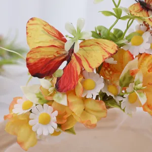 Exquisite silk flower crown hair accessory detail with butterflies and daisies for elegant style.