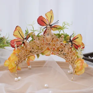 Baroque gold crown tiara with butterfly and silk flowers, luxury wedding hair accessories.