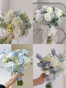 Fris blauw bruidsboeket huwelijk kunstbloem set met witte rozen en mooie lange linten.