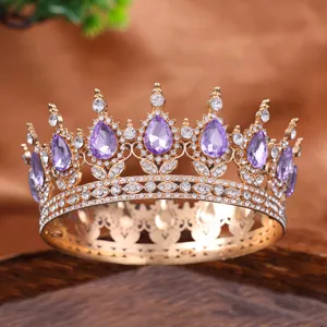 Stunning full-circle alloy crystal crown tiara with purple teardrop gems for bridal party.