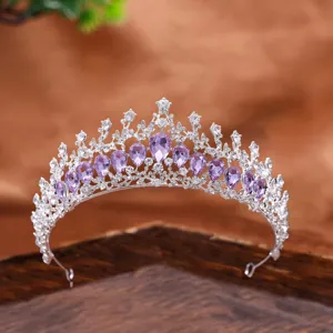 Corona diadema da sposa in strass con gemme viola a goccia per acconciatura da festa nuziale.