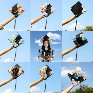 Graduation cap decoration set, black mortarboard hat with colorful flowers and tassels for students.
