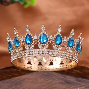 Exquisite full circle alloy crown tiara featuring blue teardrop gems and rhinestones for brides.