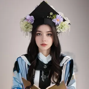 Graduation cap square mortarboard hat with flowers and pearl tassel party decoration for students