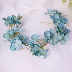Blue floral hair garland for women, fabric bridal hair wreath with pearls for wedding party.