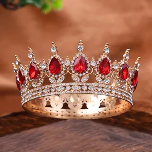 Gold crown bridal tiara with red teardrop rhinestones crystal vintage wedding hair accessories