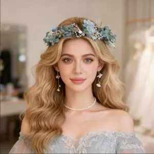 Elegant Fabric Satin Blue Flower Wreath Headband With Artificial Pearl Forest Style Floral Bridal Hair Garland For Wedding Beach Vacation Photography Accessories