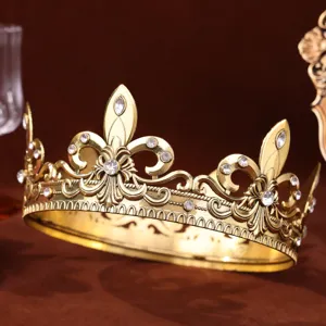 Baroque golden round crown tiara with crystals, perfect for bridal wedding pageant headwear.