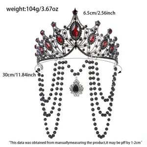 Gothische Lolita Krone Haarschmuck mit roten Strasssteinen und langen schwarzen Perlenketten