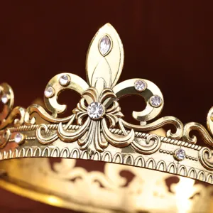 Baroque gold crown tiara detail shot, sparkling rhinestones, exquisite medieval knight headpiece.