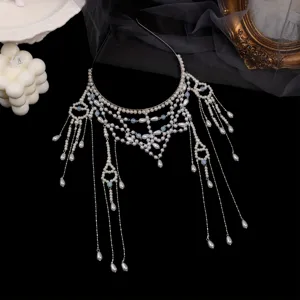 Bridal handmade imitation pearl headband with long tassel and brow chain for wedding dress.