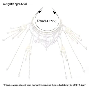 Handmade pearl bridal hair accessory detail, detachable long tassel forehead jewelry for wedding.