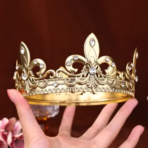 Baroque gold round crown tiara with sparkling rhinestones, perfect for bridal weddings and pageants.