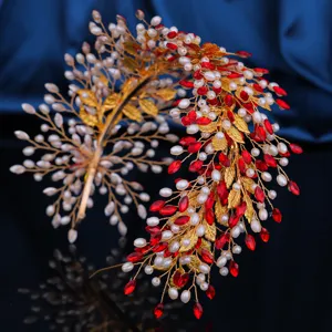 Luxury gold pearl red crystal bridal headband handmade leaf hair hoop for party dress updo