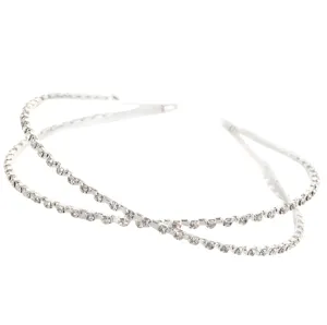 Close-up view of the double-layered silver alloy rhinestone crossover headband detail.