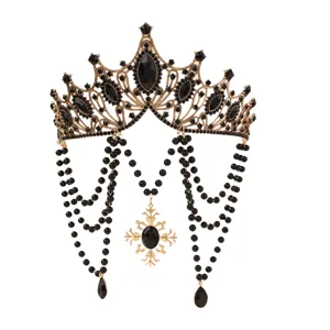 Vintage Gotisch Gold Krone Diadem mit Schwarzen Perlen Drapierte Barock Lolita Haarschmuck