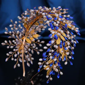 Handmade luxury pearl rhinestone headband with golden leaves, perfect for party styling.