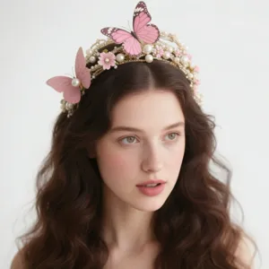 Handmade Bridal Flower Butterfly Hair Vine Romantic Artificial Pearl Rhinestone Headband Elegant Wedding Hair Accessories For Women