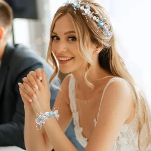 Fait à la Main Serre-tête de Mariée en Alliage Perle Artificielle Fleur Ruban Bandeau Élégant Floral Mariage Fête Femme Coiffure Bracelet Set Bijoux