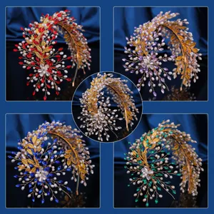 Handmade Baroque Alloy Artificial Pearl Rhinestone Headband Elegant Metallic Leaf Design Bridal Headpiece Hair Accessories For Women Banquet Wedding Dress Party