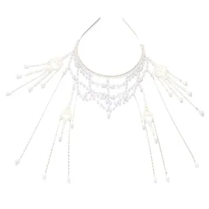 Bridal pearl hair hoop headpiece with detachable long tassel forehead chain for wedding.