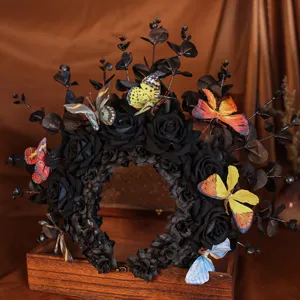 Gothic black rose flower headband with colorful butterflies Halloween party hair accessories