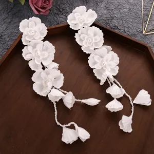 Handcrafted white floral long tassel earrings bridal wedding ear cuff fashion jewelry accessories