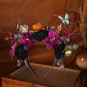 Gothic black flower headband with butterflies and berries for Halloween photo props detail.
