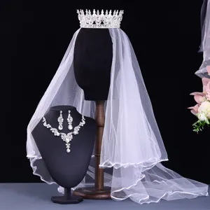 Luxury Rhinestone Bridal Jewelry Set Palace Retro Metal Tiara Crown Necklace Earrings Veil Set For Bride Wedding Party Women Jewelry