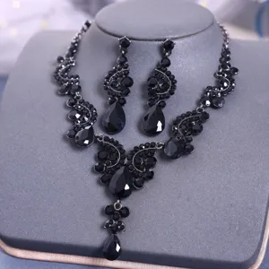Luxury black rhinestone necklace earrings set for bridal wedding party jewelry accessories main view