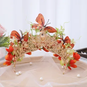 Baroque gold butterfly crown tiara floral hairband for wedding photography party gown accessory