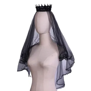 Black bridal crown and mesh veil set, gothic wedding headpiece and hair accessories.