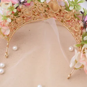 Baroque luxury gold floral crown tiara with silk flowers and veil for wedding party photography