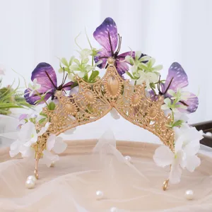Baroque gold crown headband with silk flowers and purple butterflies for photography dress.