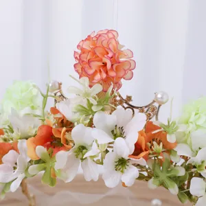 Baroque floral crown detail, handmade silk flower tiara, pearl and gold wedding hair accessory.