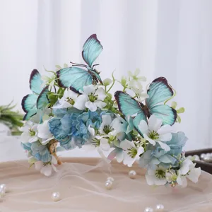 Butterfly flower crown headband blue floral hair accessories for wedding photography props