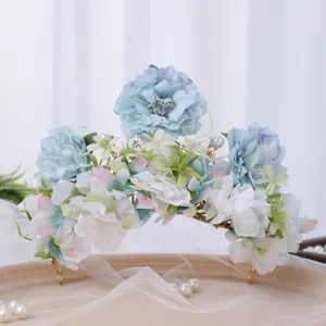 Baroque Luxury Alloy Fabric Floral Headband Crown With Butterfly Artificial Pearl Elegant Costume Props Headwear For Women Photography Party