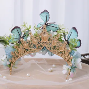 Baroque gold butterfly crown floral tiara for wedding photography and party dress accessory