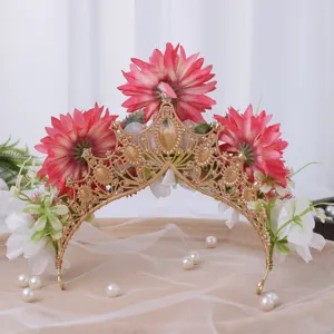 Baroque gold flower tiara crown red silk flower headband wedding bridal hair accessory