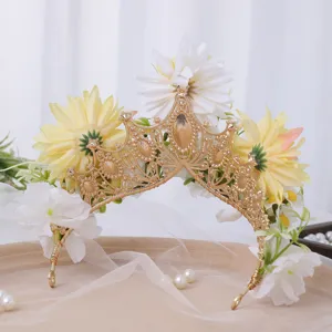 Baroque gold crown tiara with silk flowers and pearls for wedding photography event