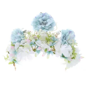 Elegant blue and white floral crown headband, luxury baroque hair accessory for party.