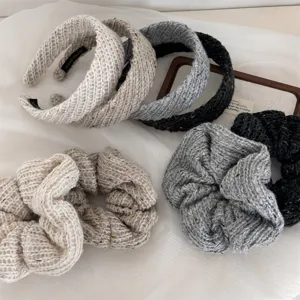 Cozy knit wool headband and hair scrunchie set, elegant french style winter hair accessories.