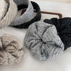 Detailed view of cozy knitted wool headbands and scrunchies, elegant texture for daily wear.