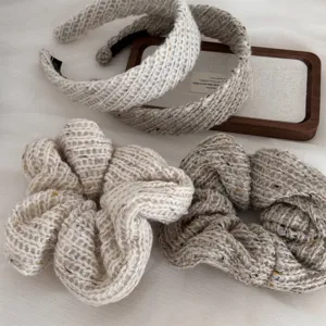 Knitted headband and hair scrunchie set, cozy winter wool hair accessories for women.
