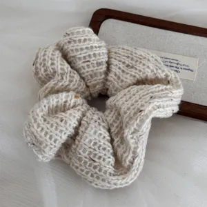 White chunky knit hair scrunchie, soft wool fabric ponytail holder, chic French style hair accessory.