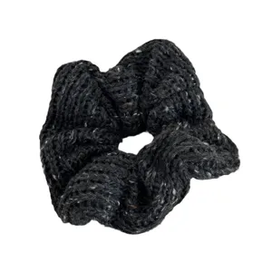 Cozy dark grey knitted hair scrunchie, soft thick wool elastic ponytail holder for women daily.