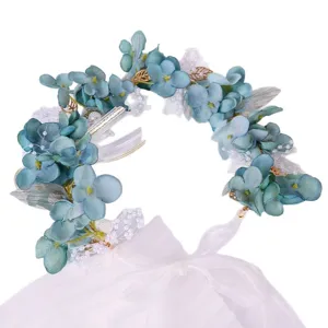 Blue floral crown headpiece with white veil, fabric hydrangea bridal wedding hair accessories.
