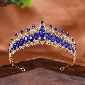 Corona strass sposa, tiara capelli oro cristallo blu stile matrimonio europeo per donne.