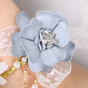Frisse blauwe bruiloft polsbloem bruid parel kant corsage voor bruidsmeisje feest sieraden.