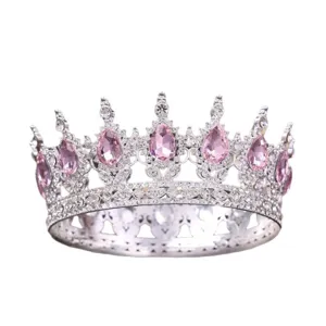 Exquisite silver alloy full crown tiara with sparkling pink teardrop crystals for wedding.